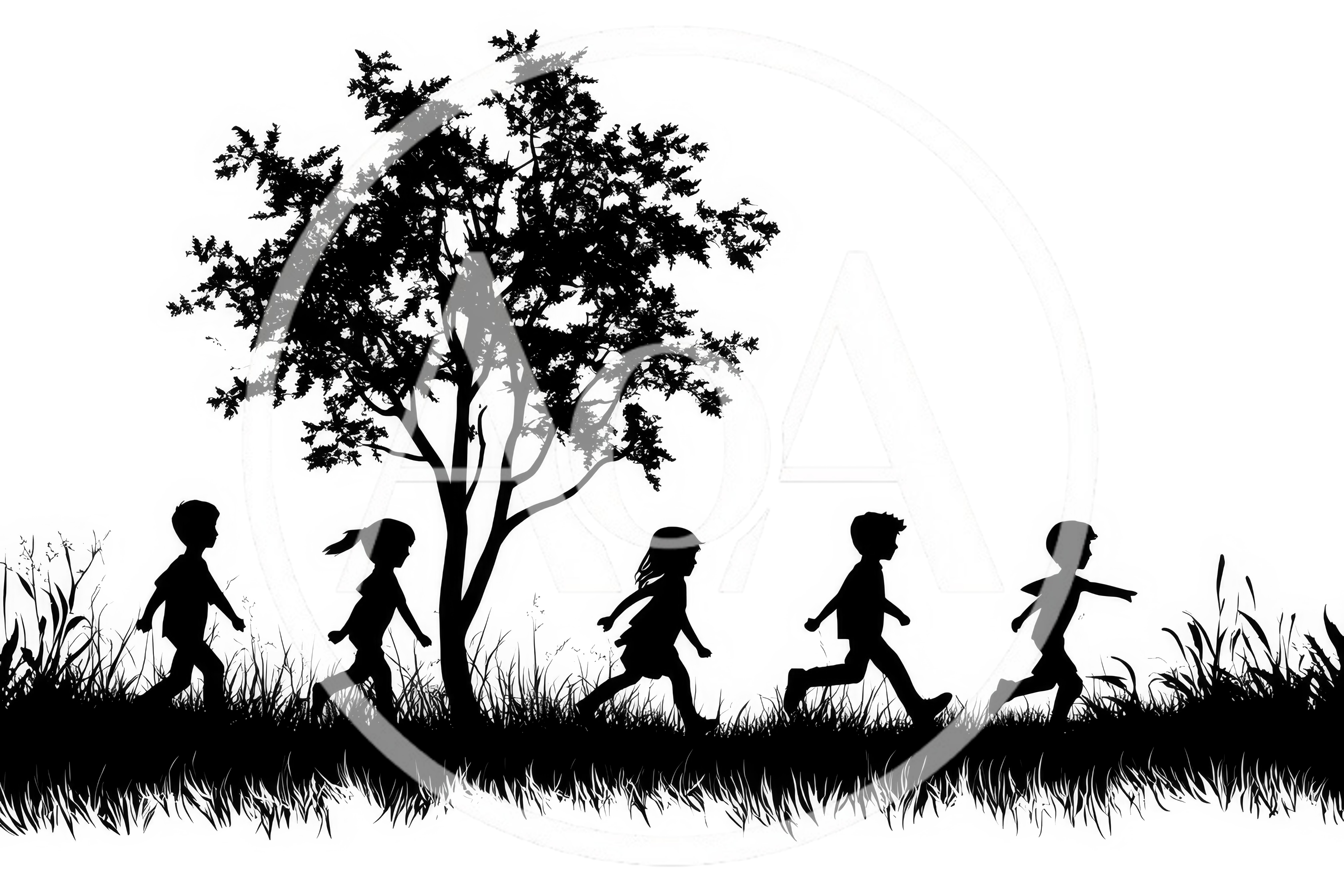 Silhouette Of Children Running In A Grassy Field
