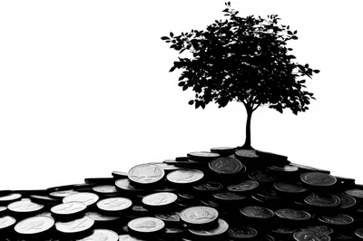 Silhouette Of A Tree Growing From A Pile Of Coins
