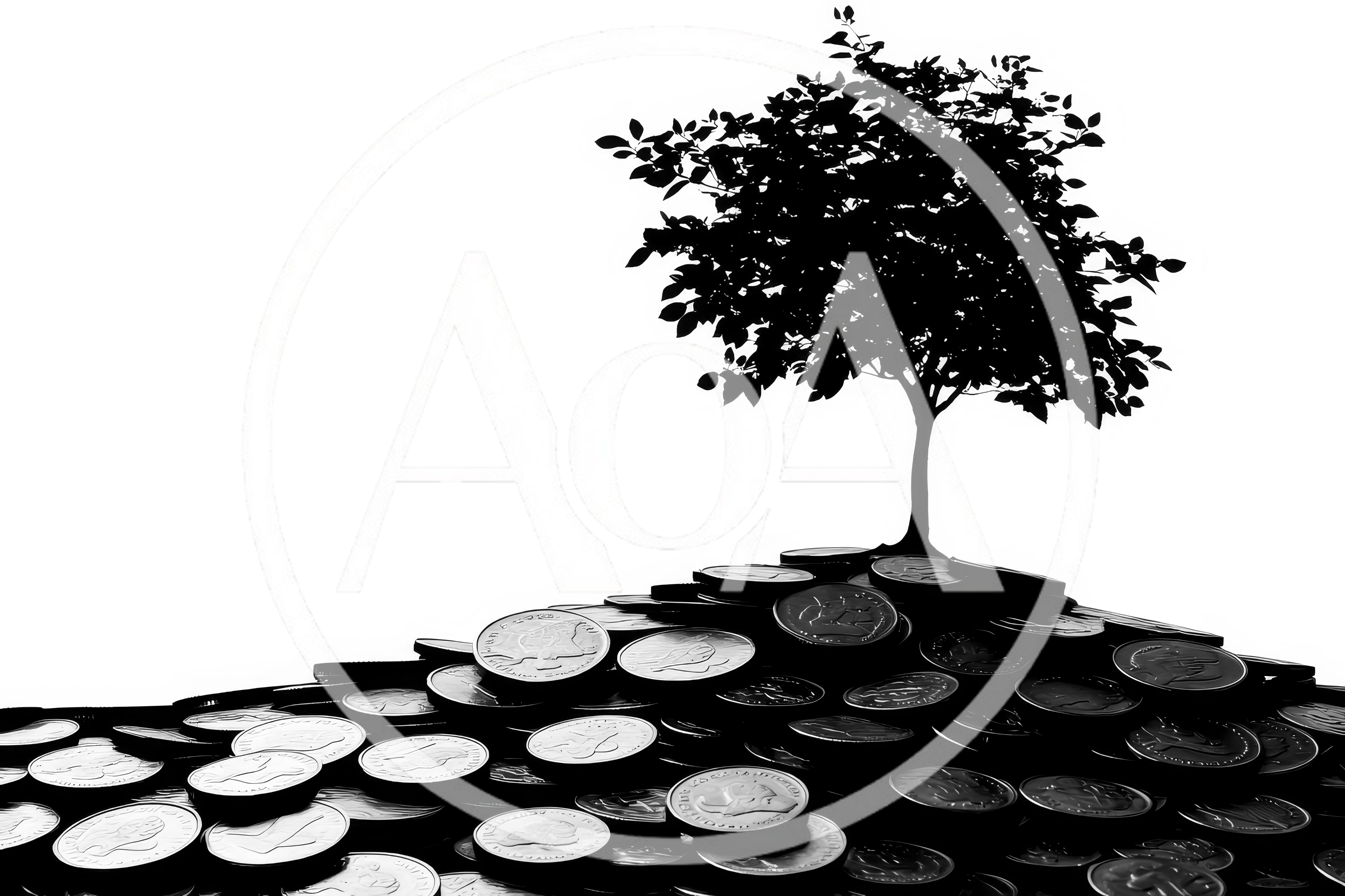 Silhouette Of A Tree Growing From A Pile Of Coins