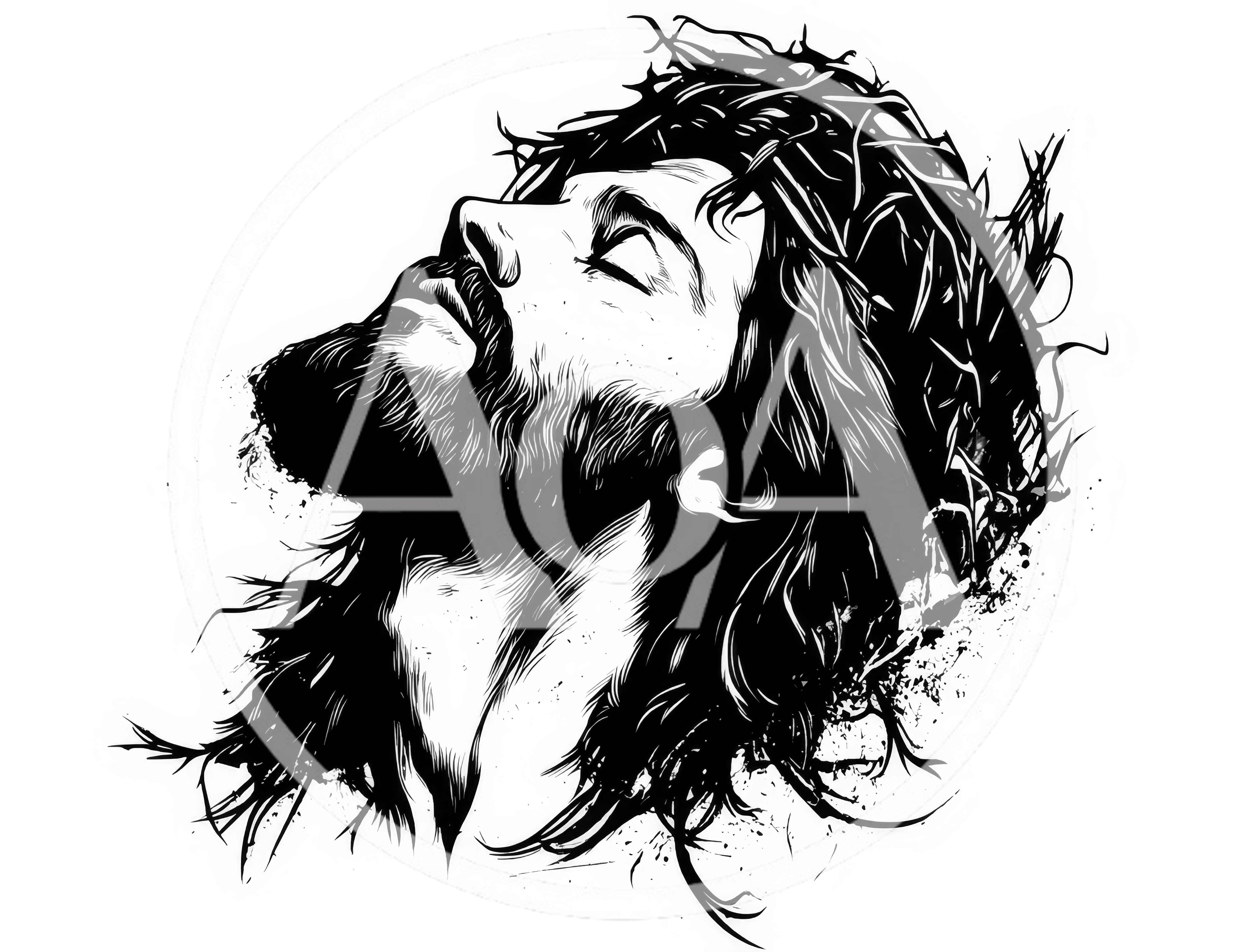 Black and White Illustration of Jesus Wearing Crown of Thorns