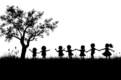 Silhouette Of Children Holding Hands Under A Tree