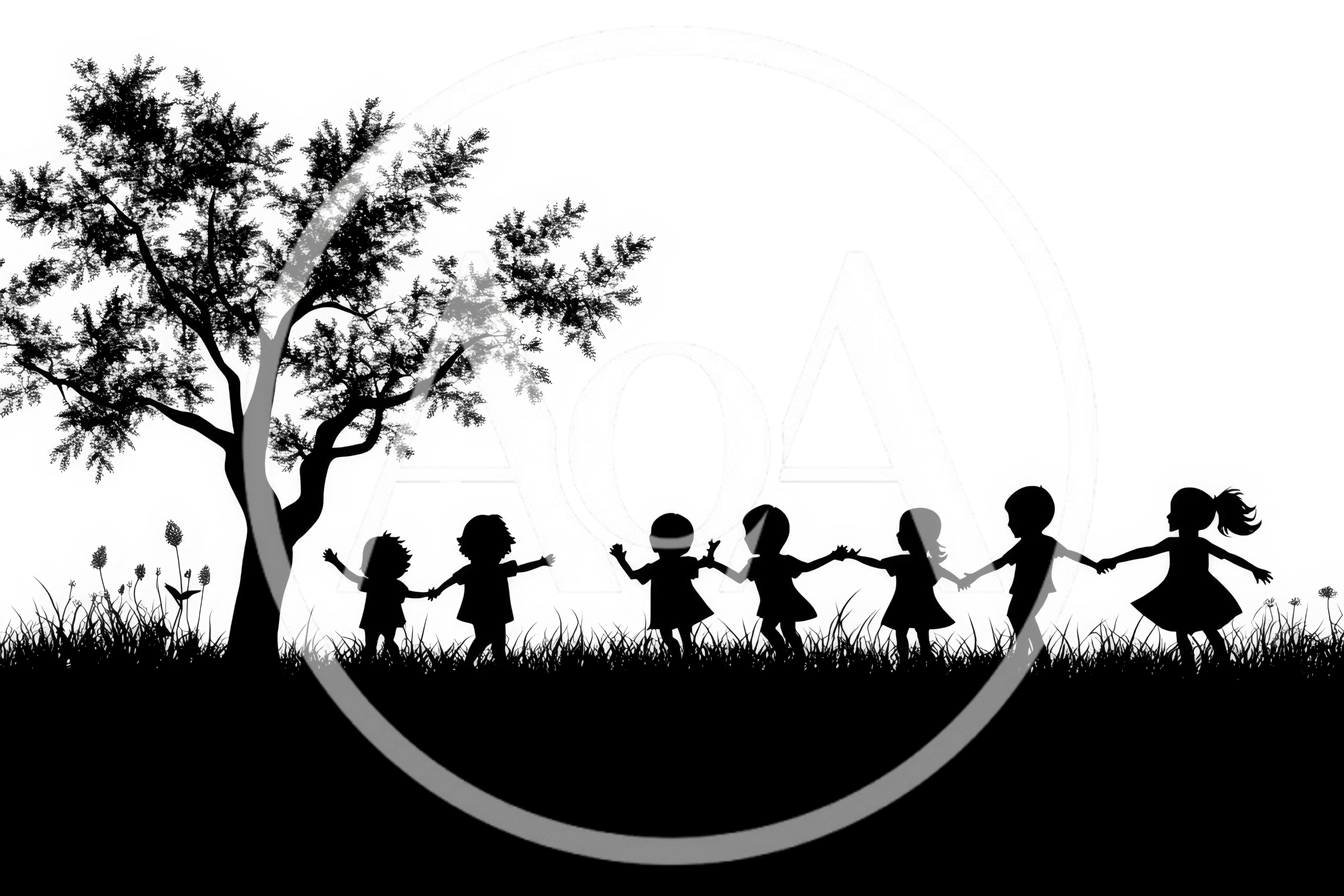Silhouette Of Children Holding Hands Under A Tree