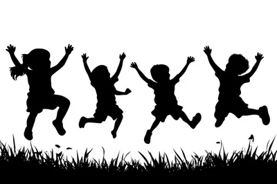 Silhouettes Of Four Happy Children Jumping In Grass