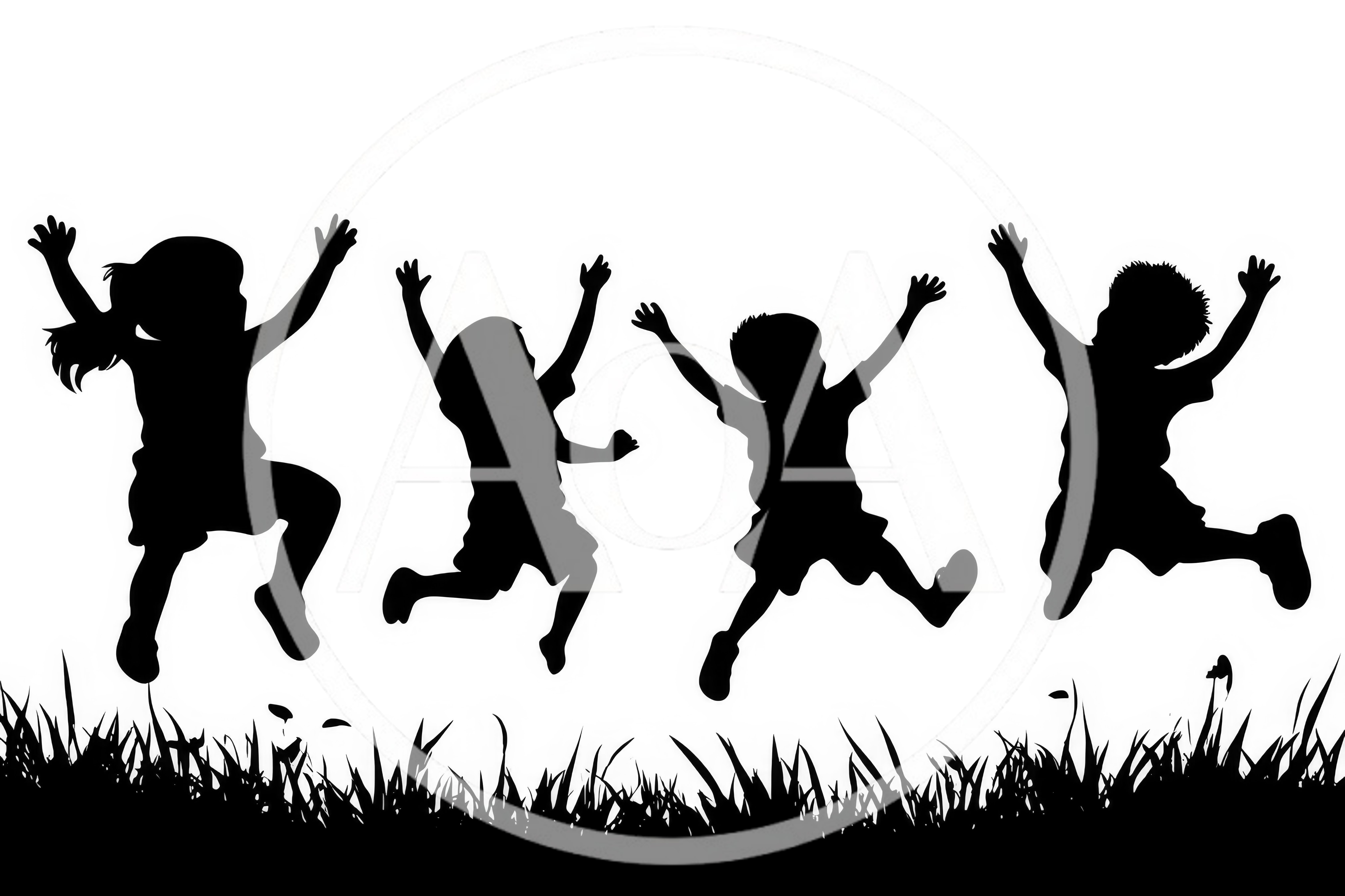 Silhouettes Of Four Happy Children Jumping In Grass