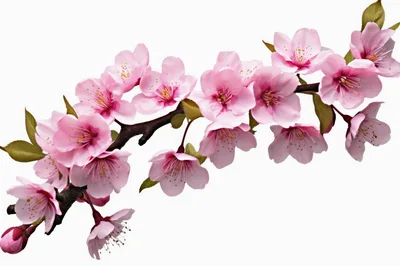Blooming Pink Cherry Blossom Branch Isolated On White