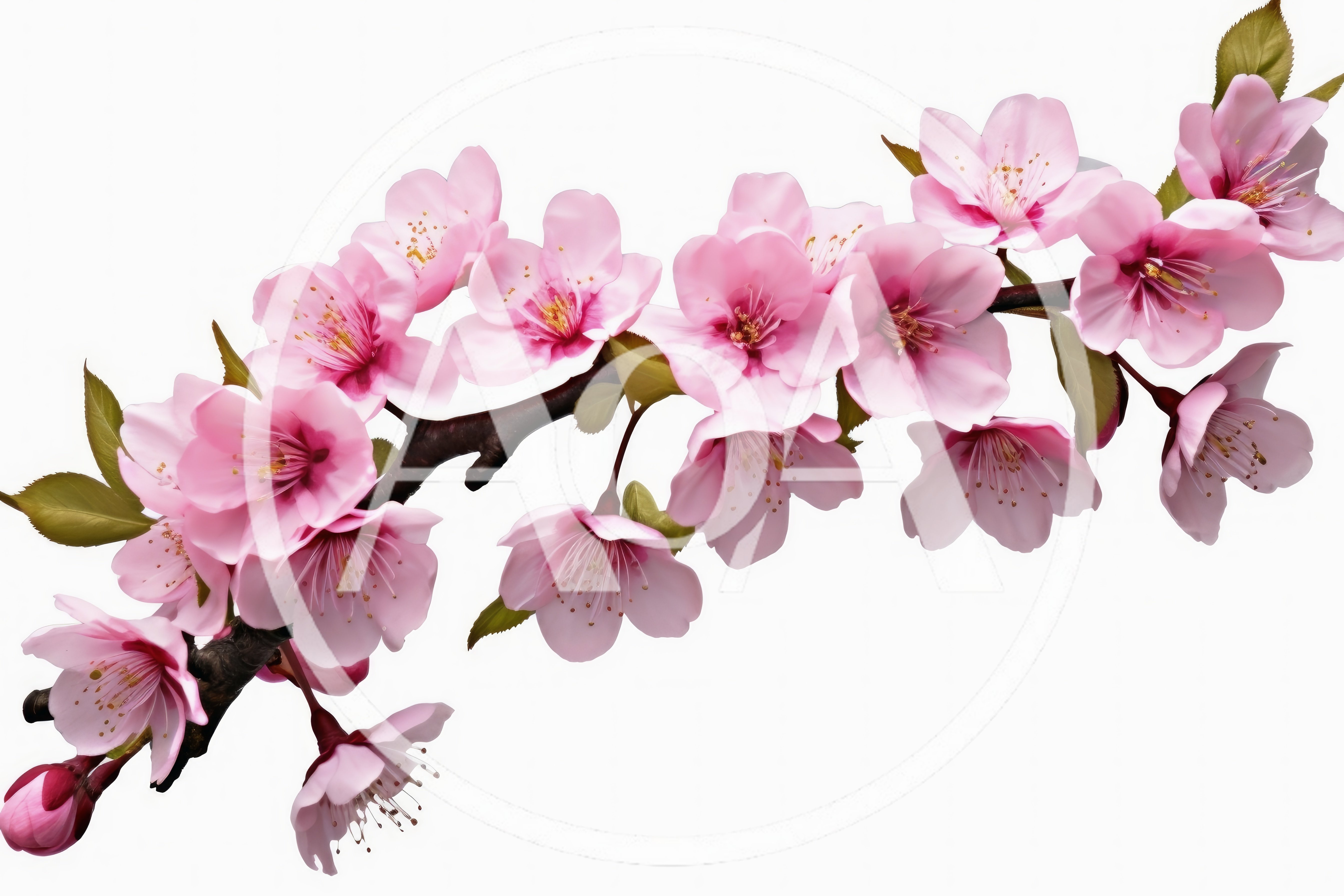 Blooming Pink Cherry Blossom Branch Isolated On White