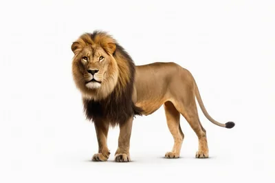 Majestic Male Lion Standing Against White Background