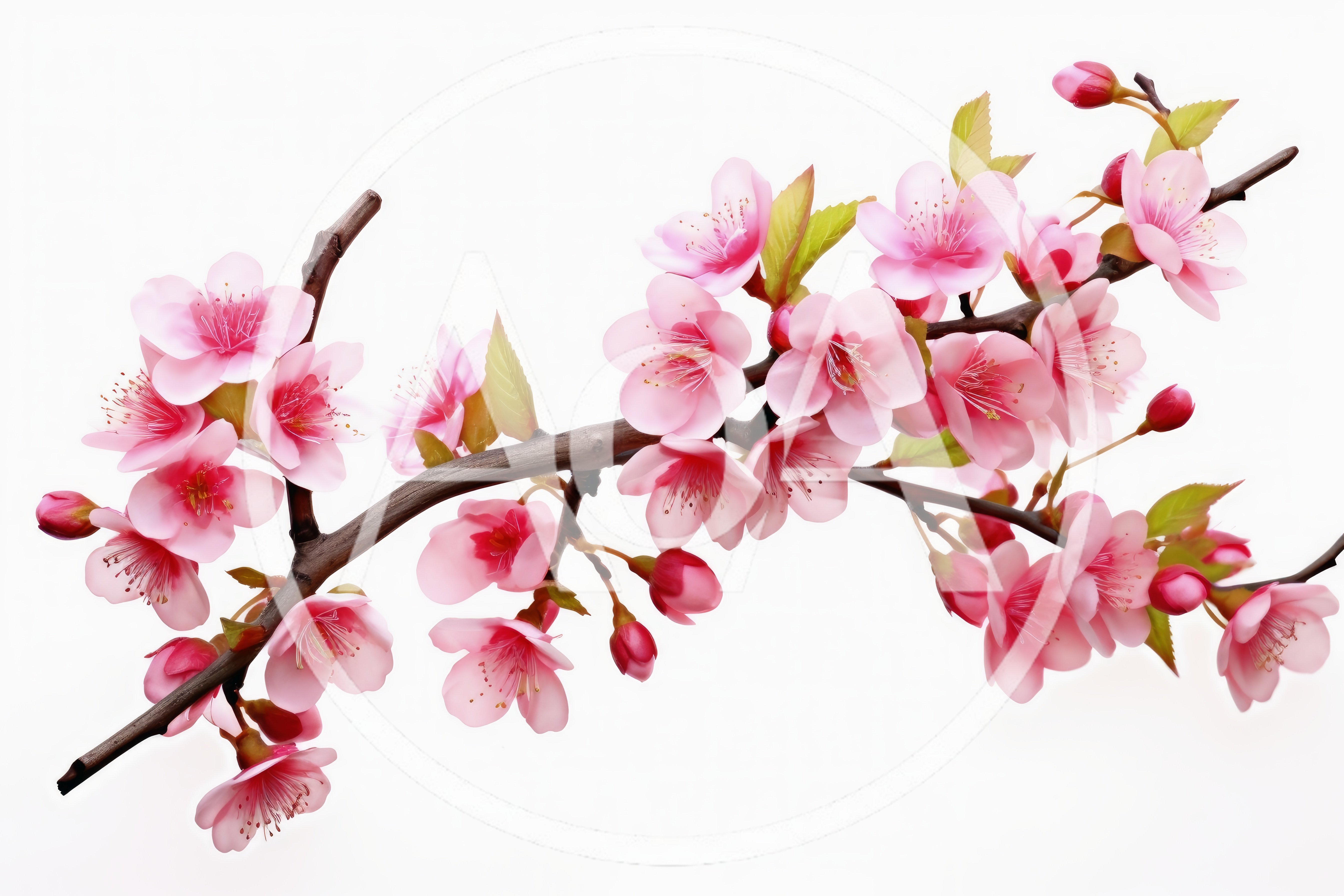 Pink Cherry Blossom Branch Against White Background