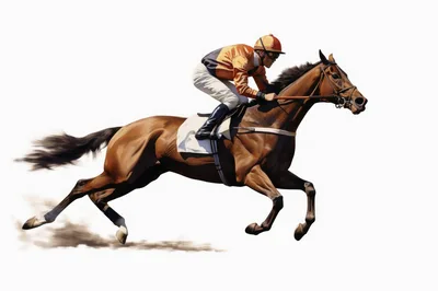 Thoroughbred Racehorse Galloping With Jockey On White Background