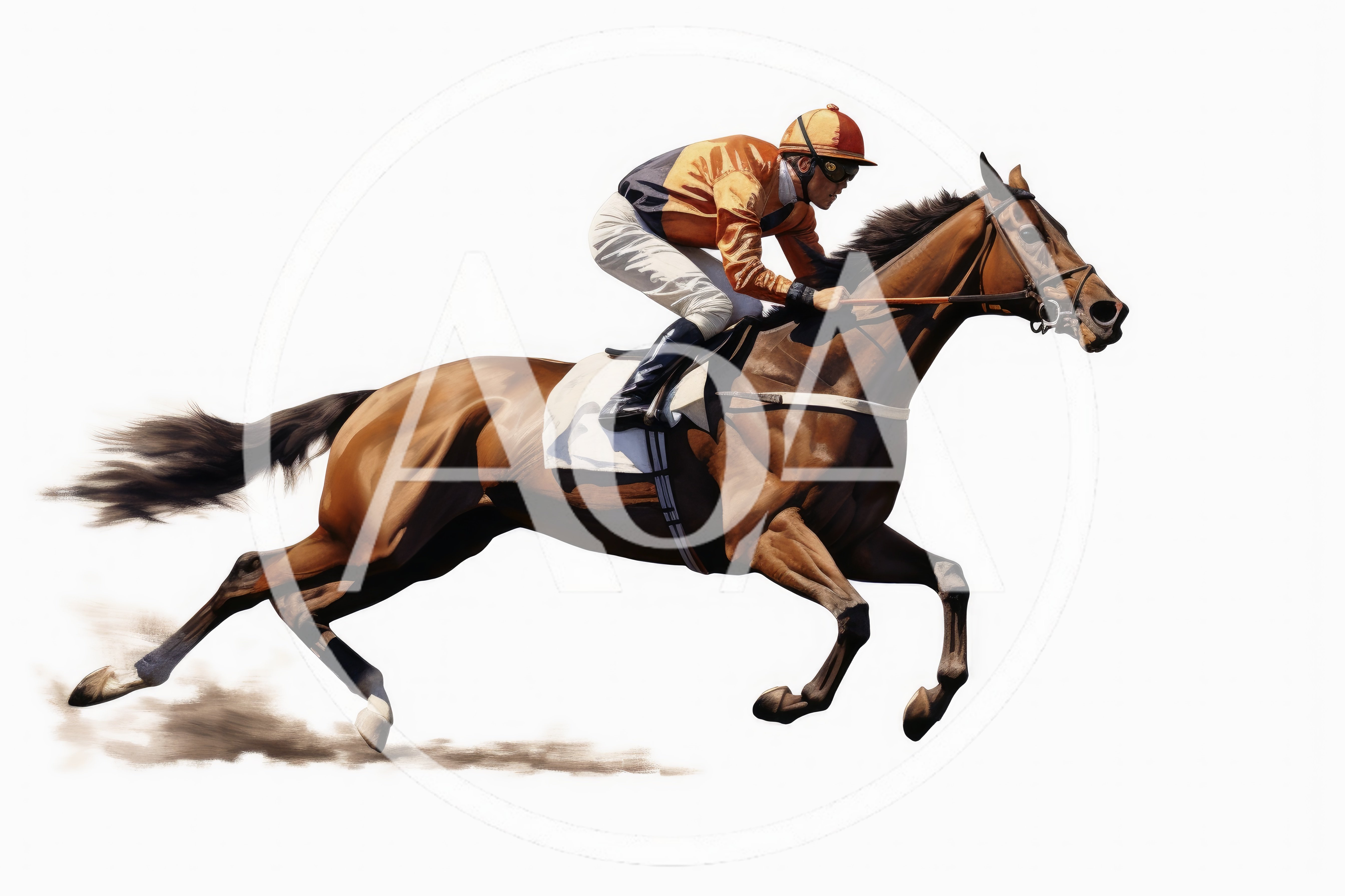 Thoroughbred Racehorse Galloping With Jockey On White Background