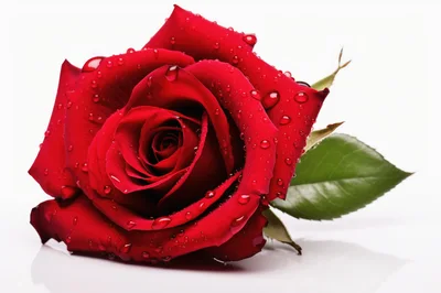 Single Red Rose With Water Droplets On White Background