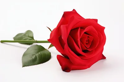 Single Red Rose With Green Leaves On White Background