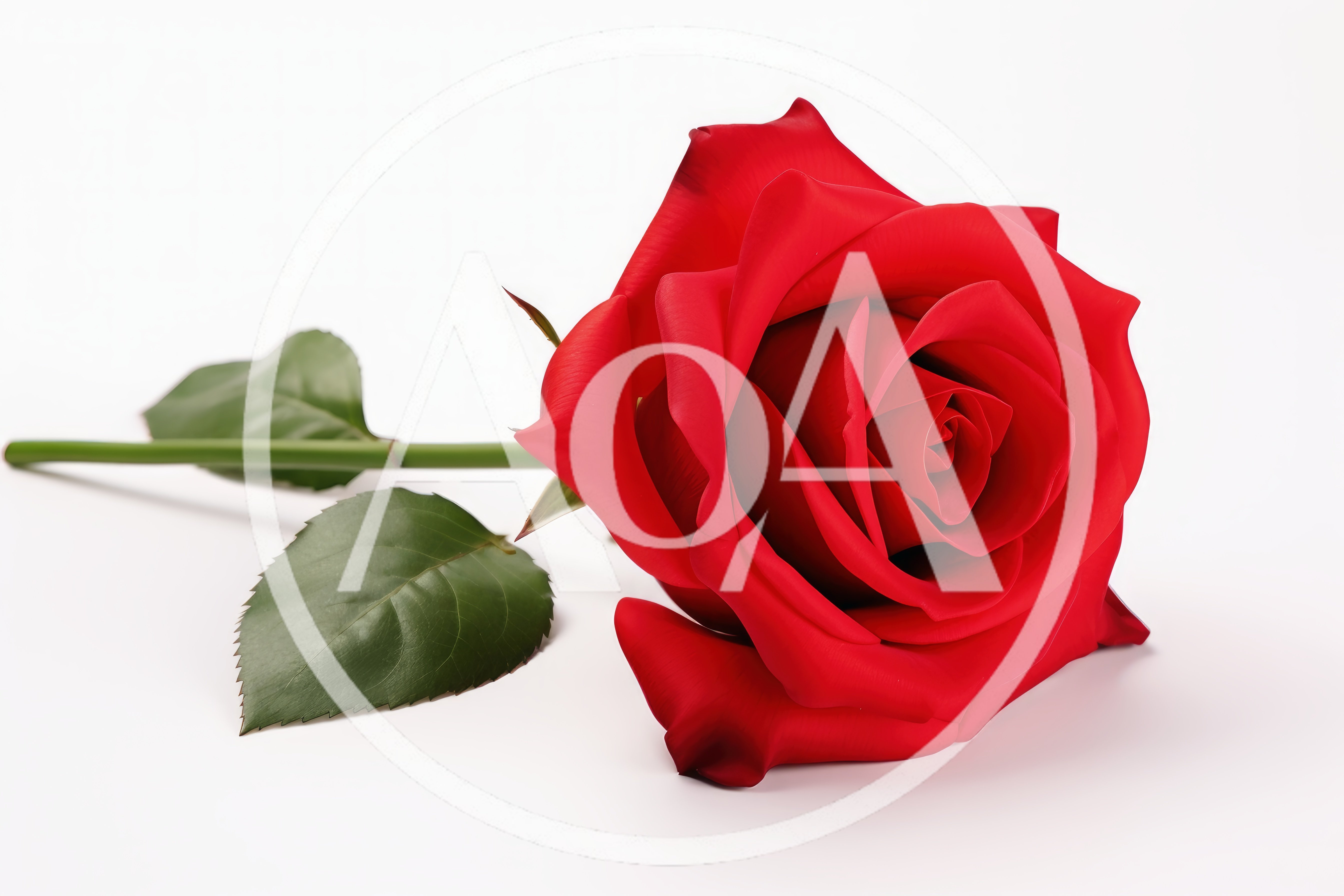 Single Red Rose With Green Leaves On White Background