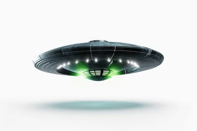 Futuristic Metallic Flying Saucer Hovering In White Space