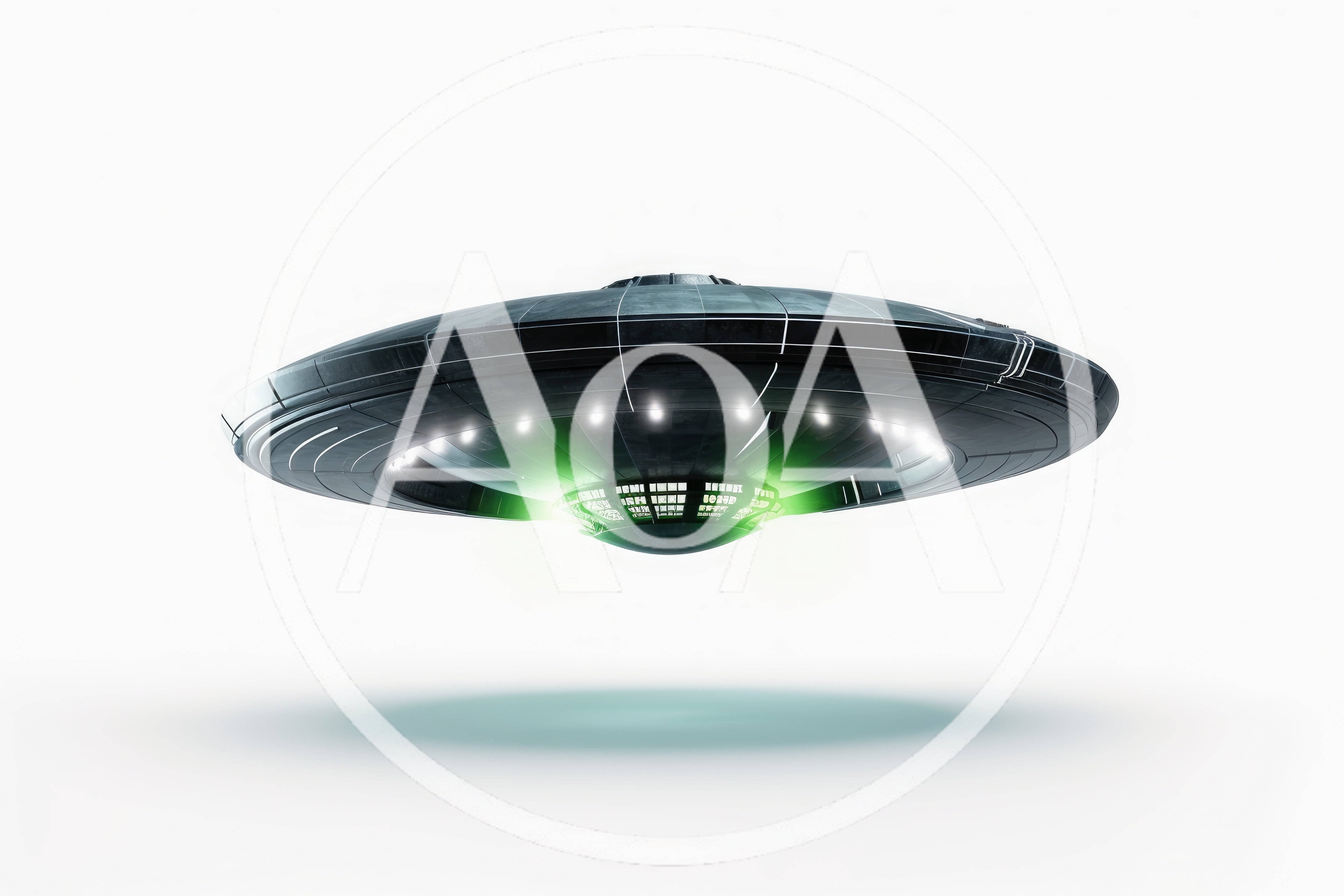 Futuristic Metallic Flying Saucer Hovering In White Space