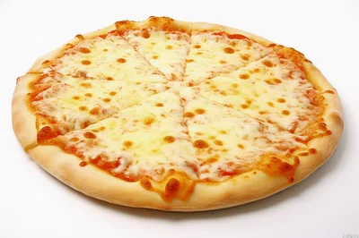 Freshly Baked Cheese Pizza Sliced On White Background