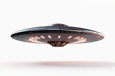 Futuristic Metallic Flying Saucer Hovering In White Space