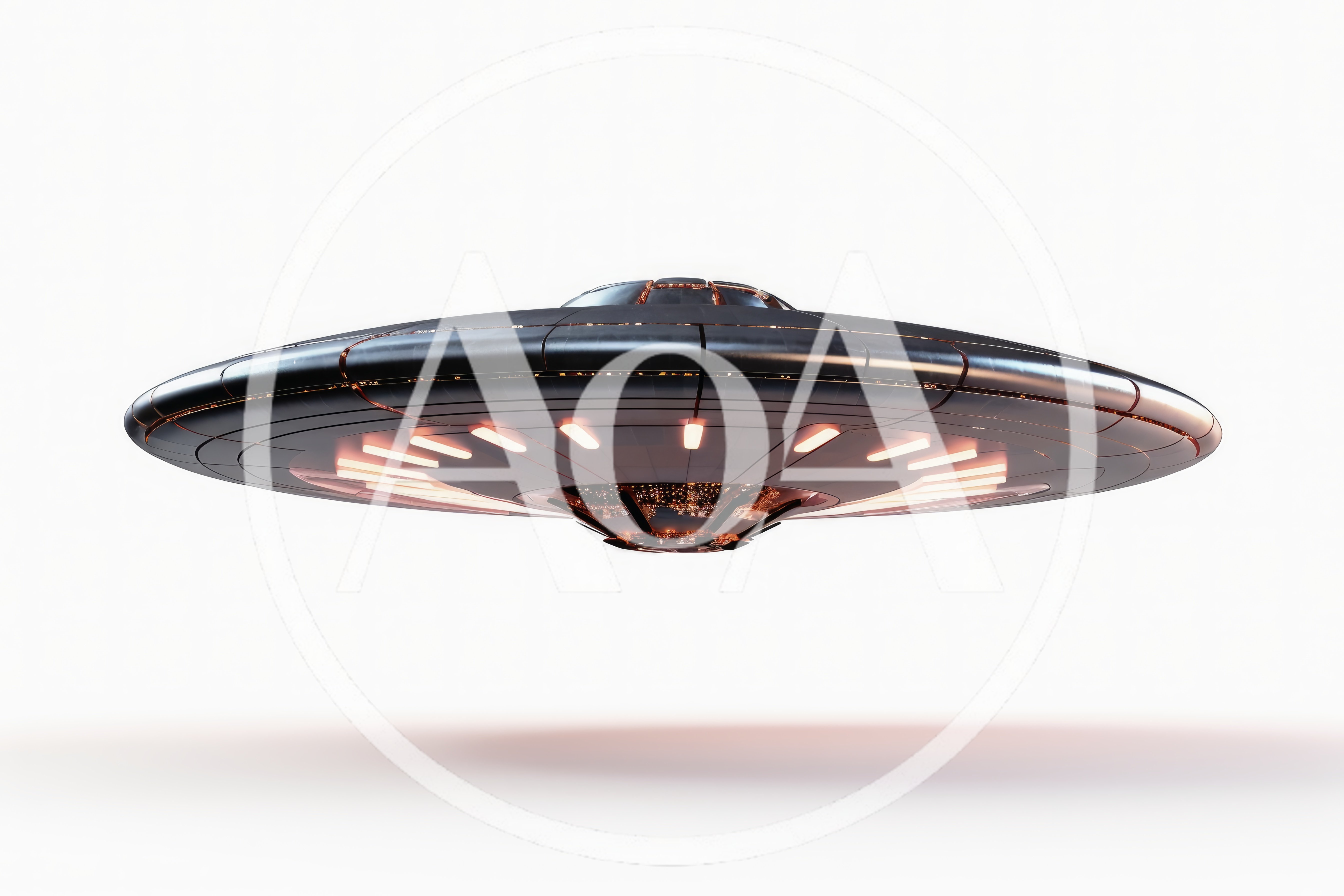 Futuristic Metallic Flying Saucer Hovering In White Space