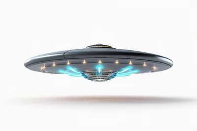 Futuristic Metallic Flying Saucer Hovering In White Space