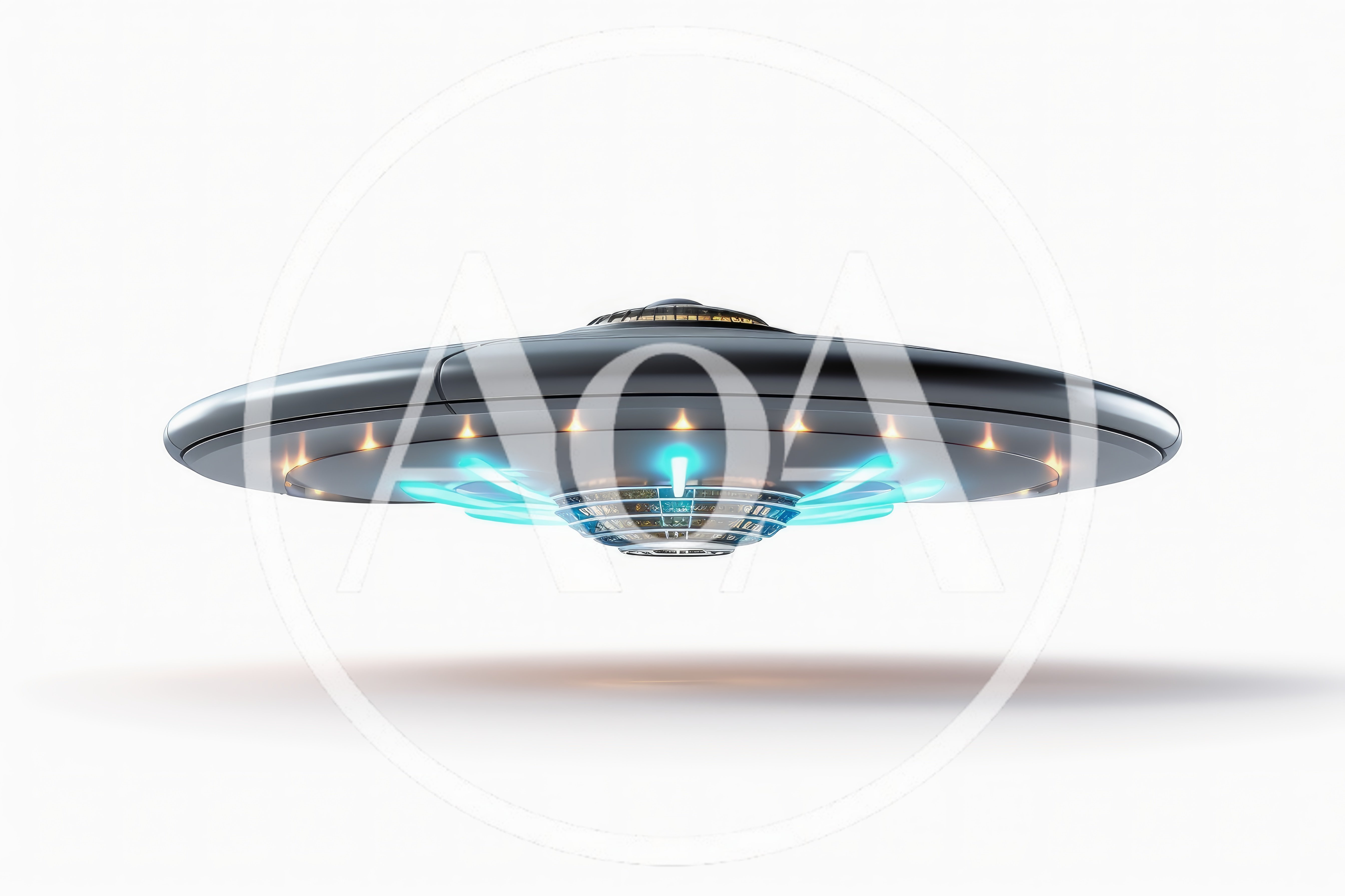 Futuristic Metallic Flying Saucer Hovering In White Space