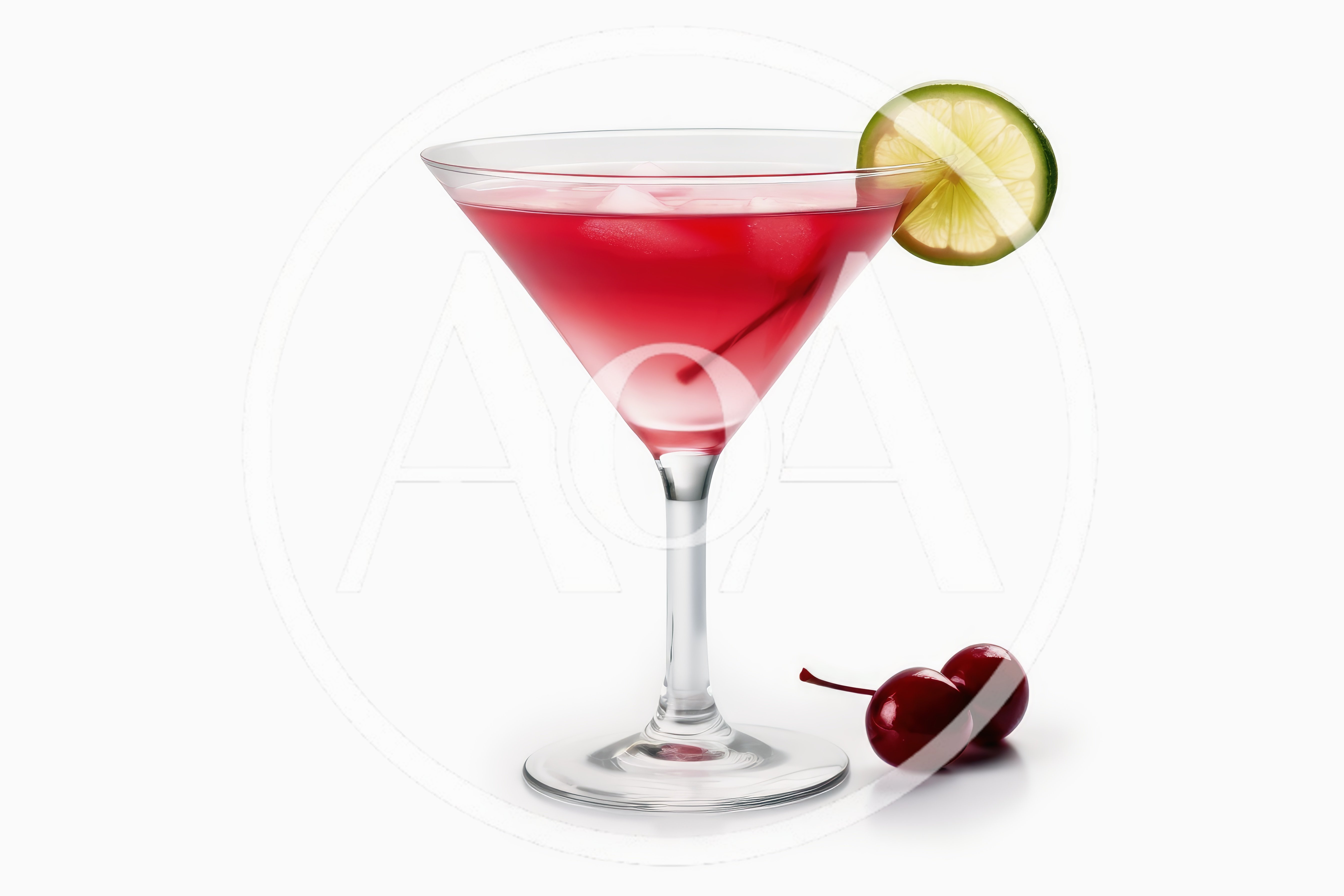 Cosmopolitan Cocktail With Lime Garnish And Cherries