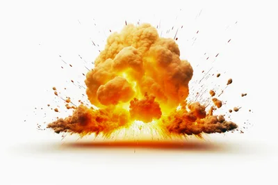 Large Fiery Explosion With Debris And Smoke
