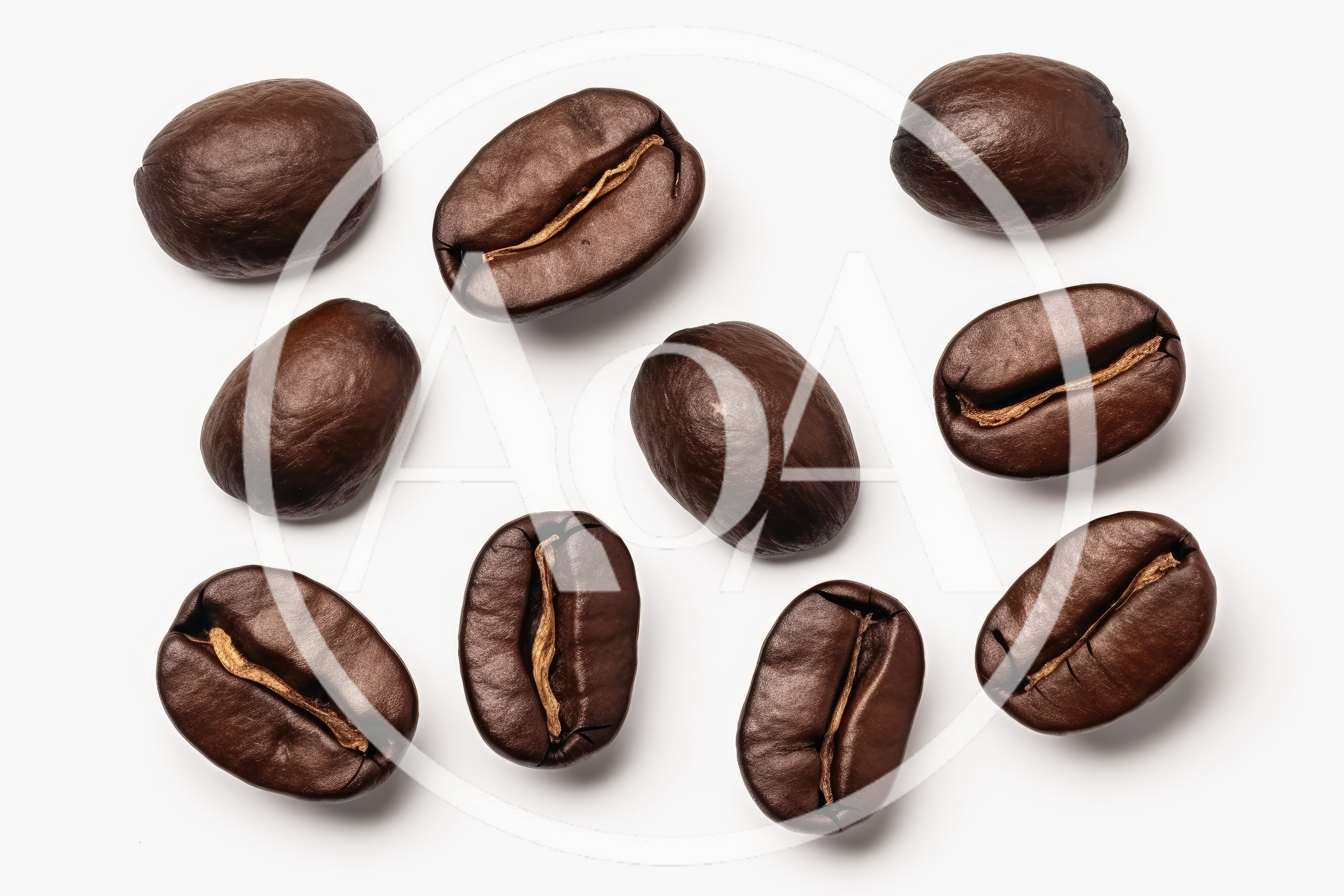 Top View Of Roasted Coffee Beans On White Background
