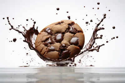 Chocolate Chip Cookie Splashing Into Liquid Chocolate