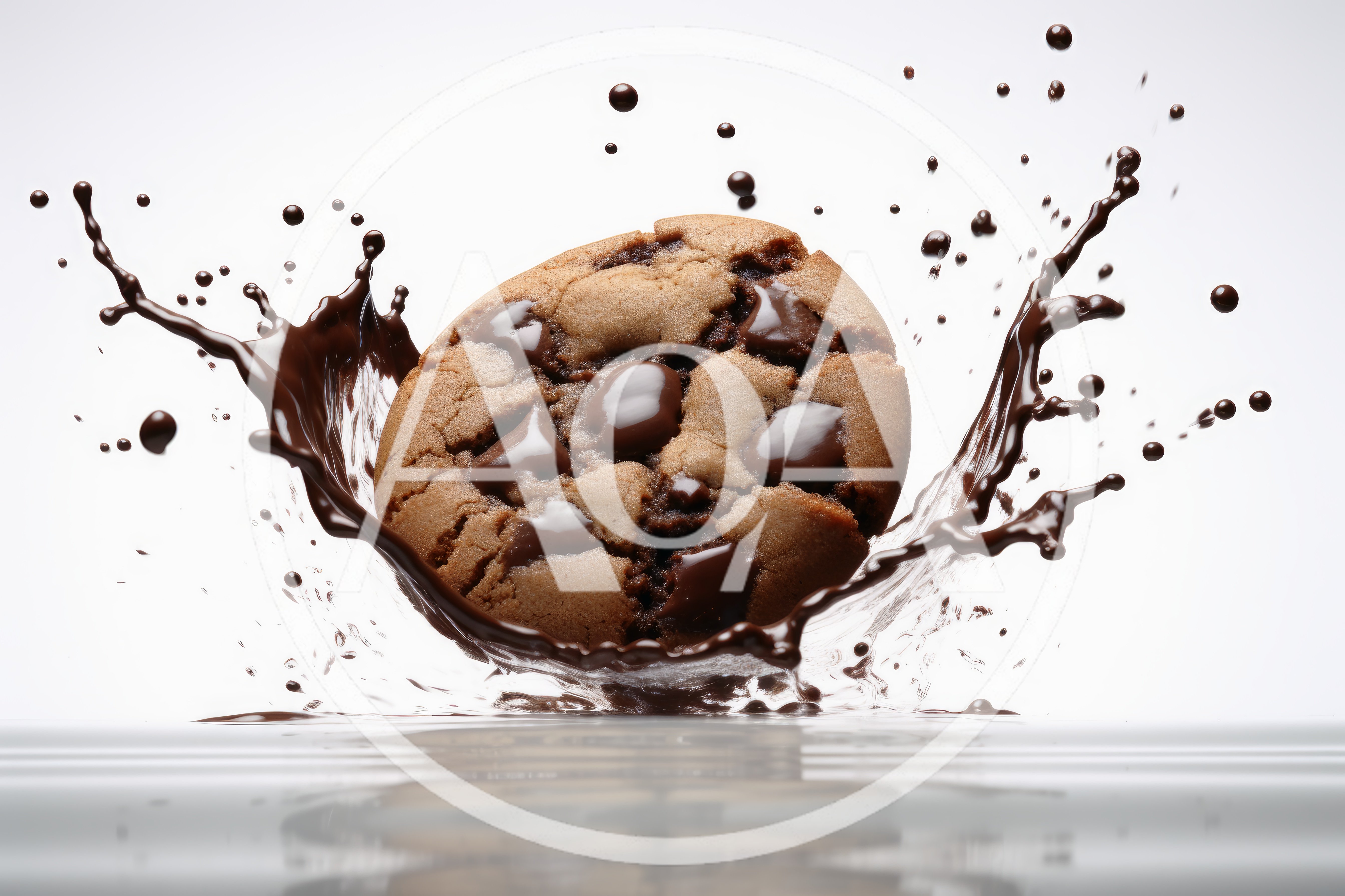 Chocolate Chip Cookie Splashing Into Liquid Chocolate