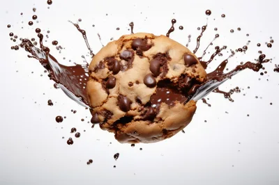 Chocolate Chip Cookie Splashing In Liquid Chocolate