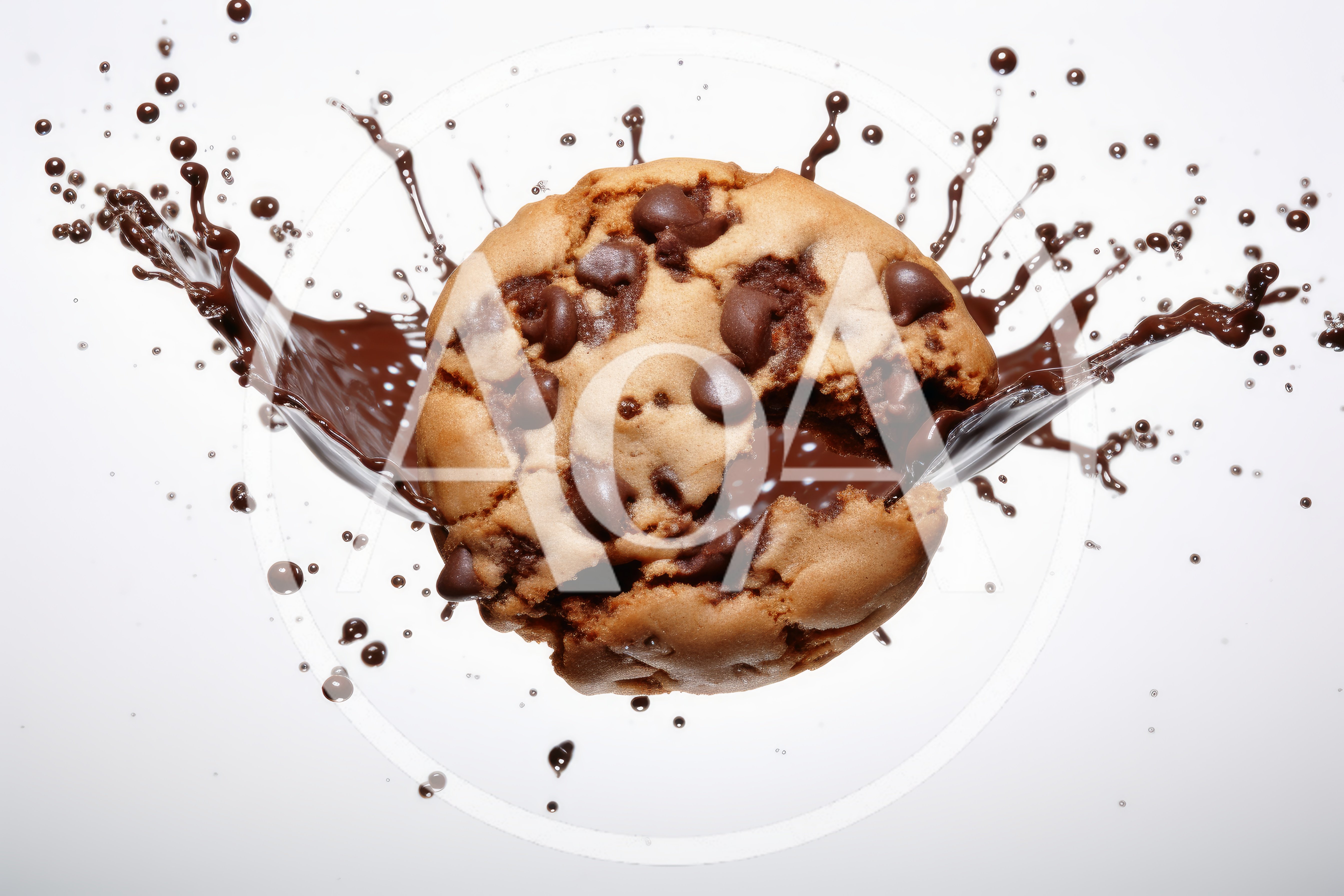 Chocolate Chip Cookie Splashing In Liquid Chocolate
