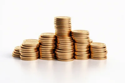 Stacks Of Shiny Gold Coins On White Background