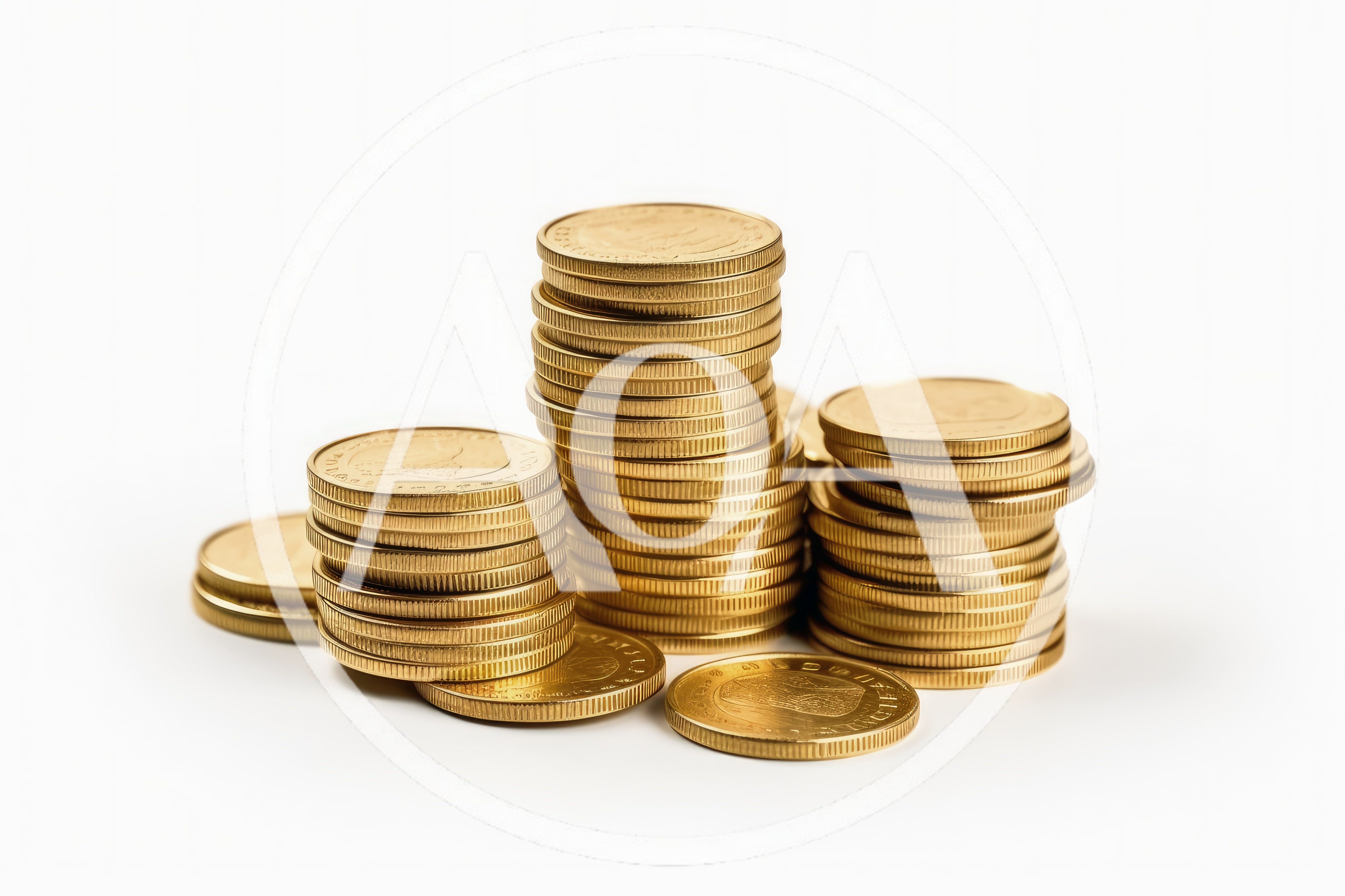 Stacks Of Shiny Gold Coins On White Background