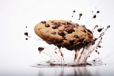 Chocolate Chip Cookie Splashing Into Liquid Chocolate