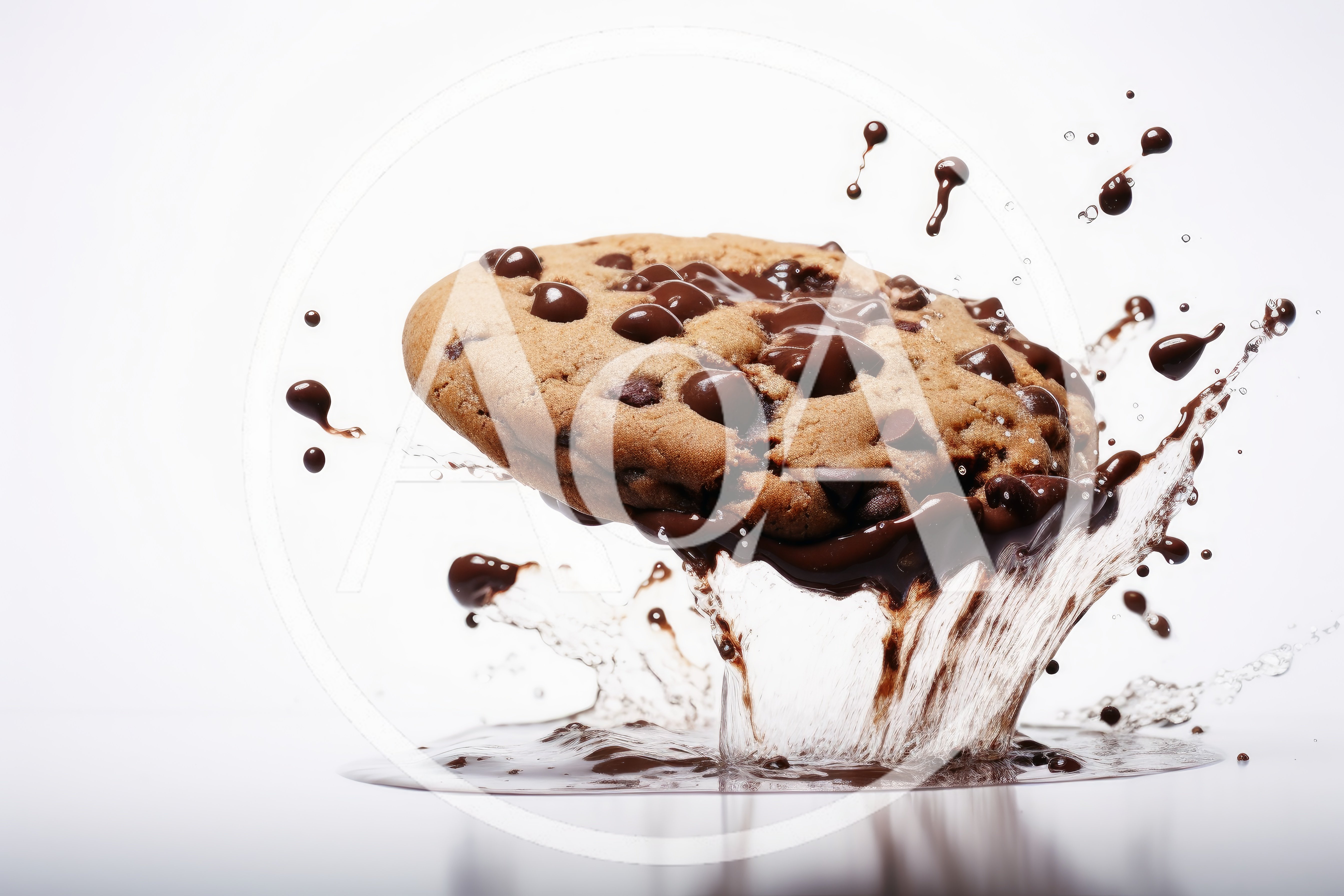 Chocolate Chip Cookie Splashing Into Liquid Chocolate