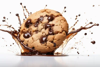 Chocolate Chip Cookie Splashing Into Liquid Chocolate