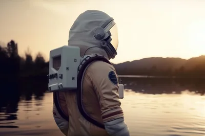Astronaut Standing By A Calm Lake At Sunset