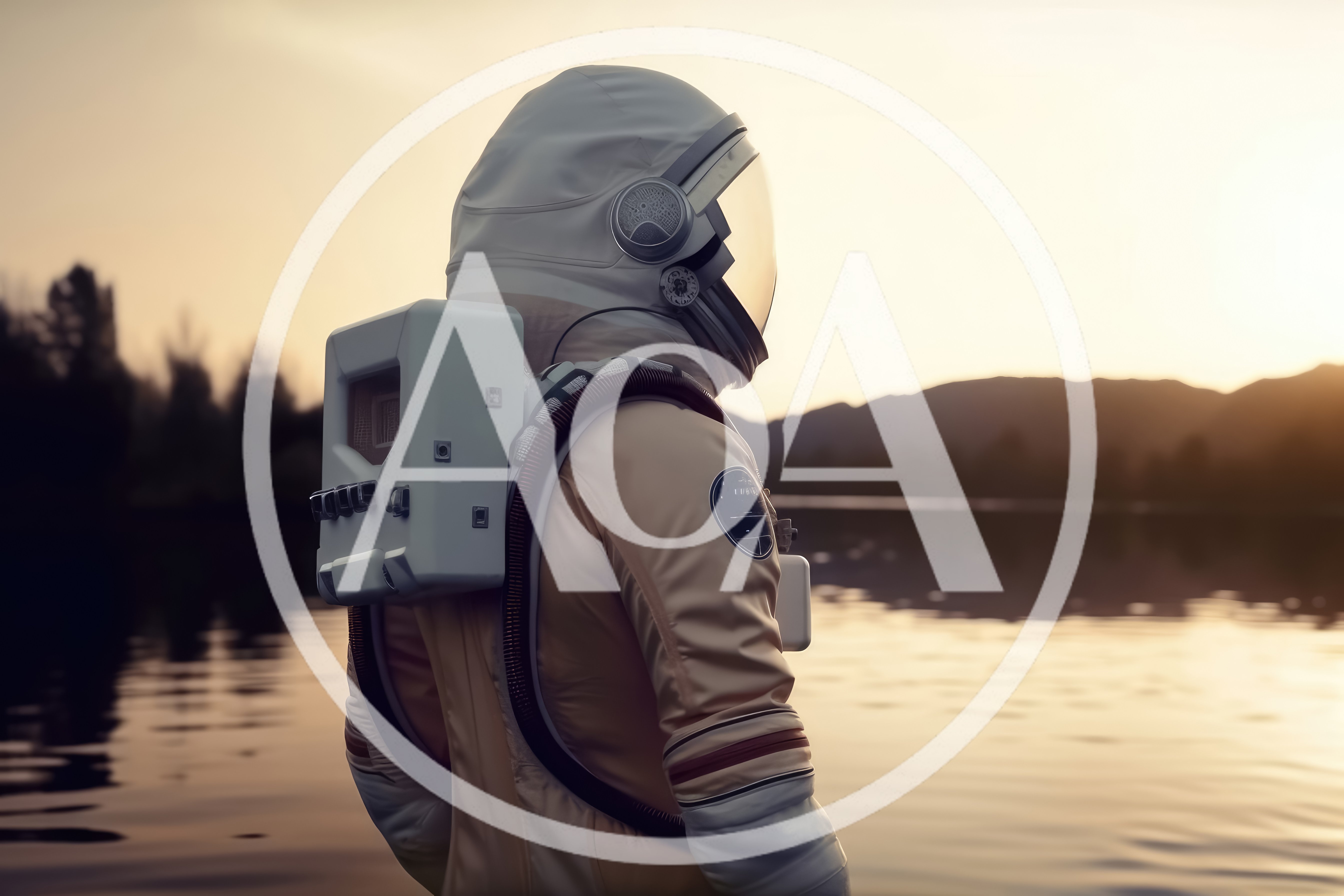 Astronaut Standing By A Calm Lake At Sunset