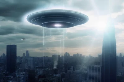 Giant UFO Hovering Over A Futuristic City Skyline