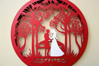 Red Paper Cutout Wedding Decoration With Couple Silhouette