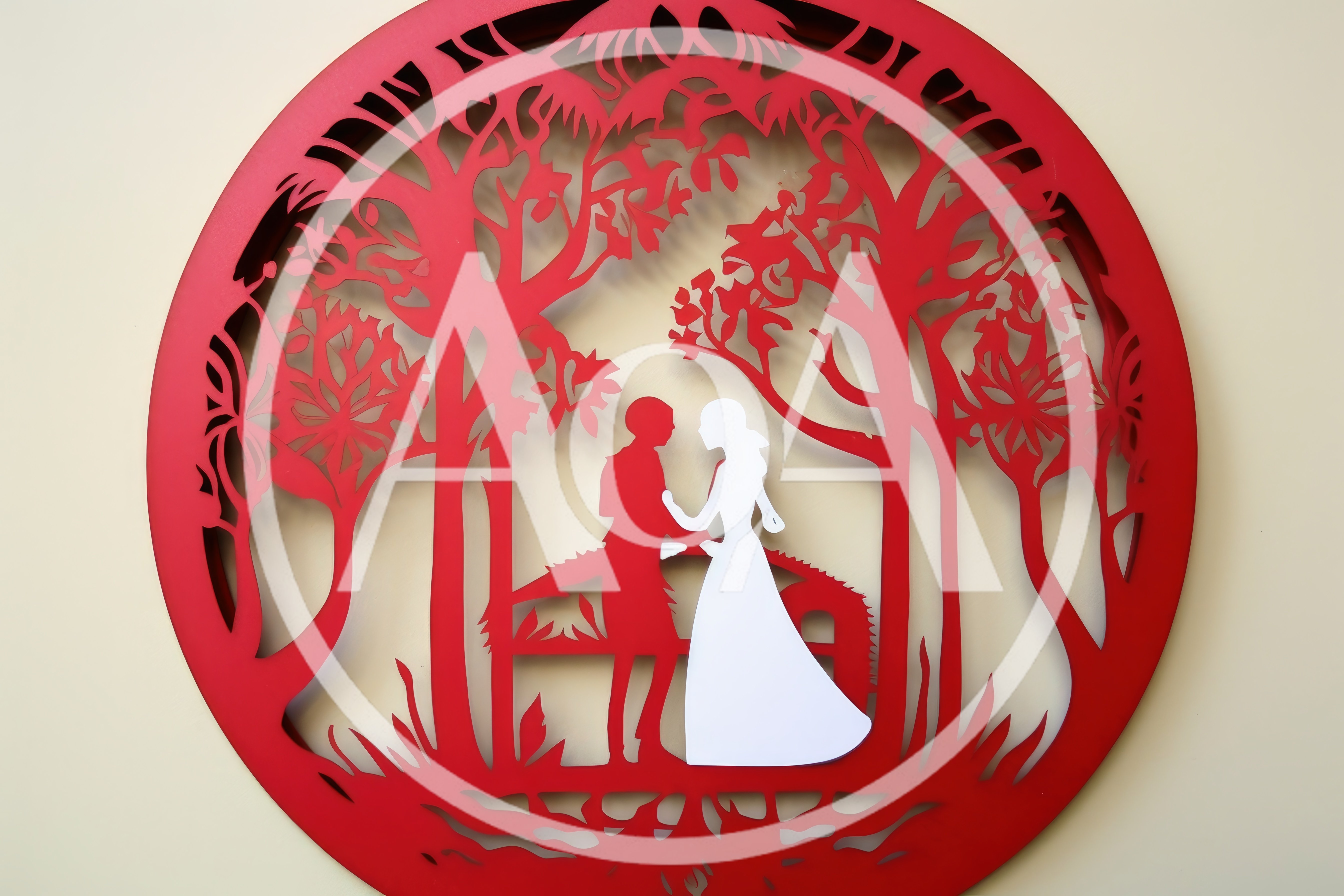 Red Paper Cutout Wedding Decoration With Couple Silhouette