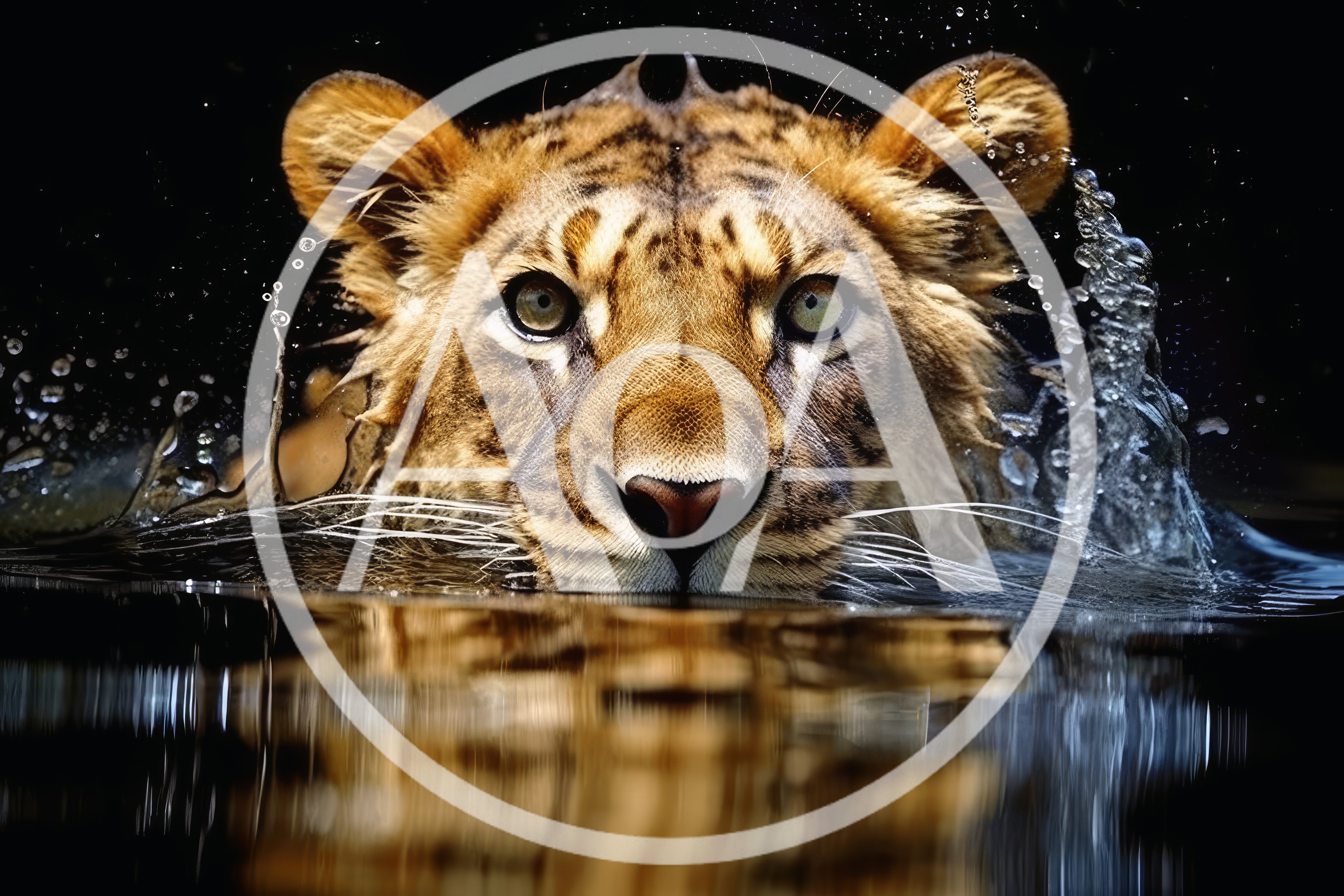 Tiger Swimming In Dark Water With Water Splashes