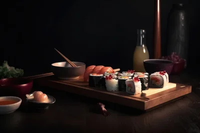 Assorted Sushi Platter Served On A Wooden Board