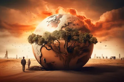 Surreal Earth Globe With Tree In Desert Landscape