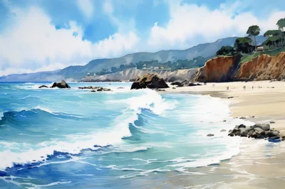 Watercolor Painting Of A Scenic Coastal Beach Landscape
