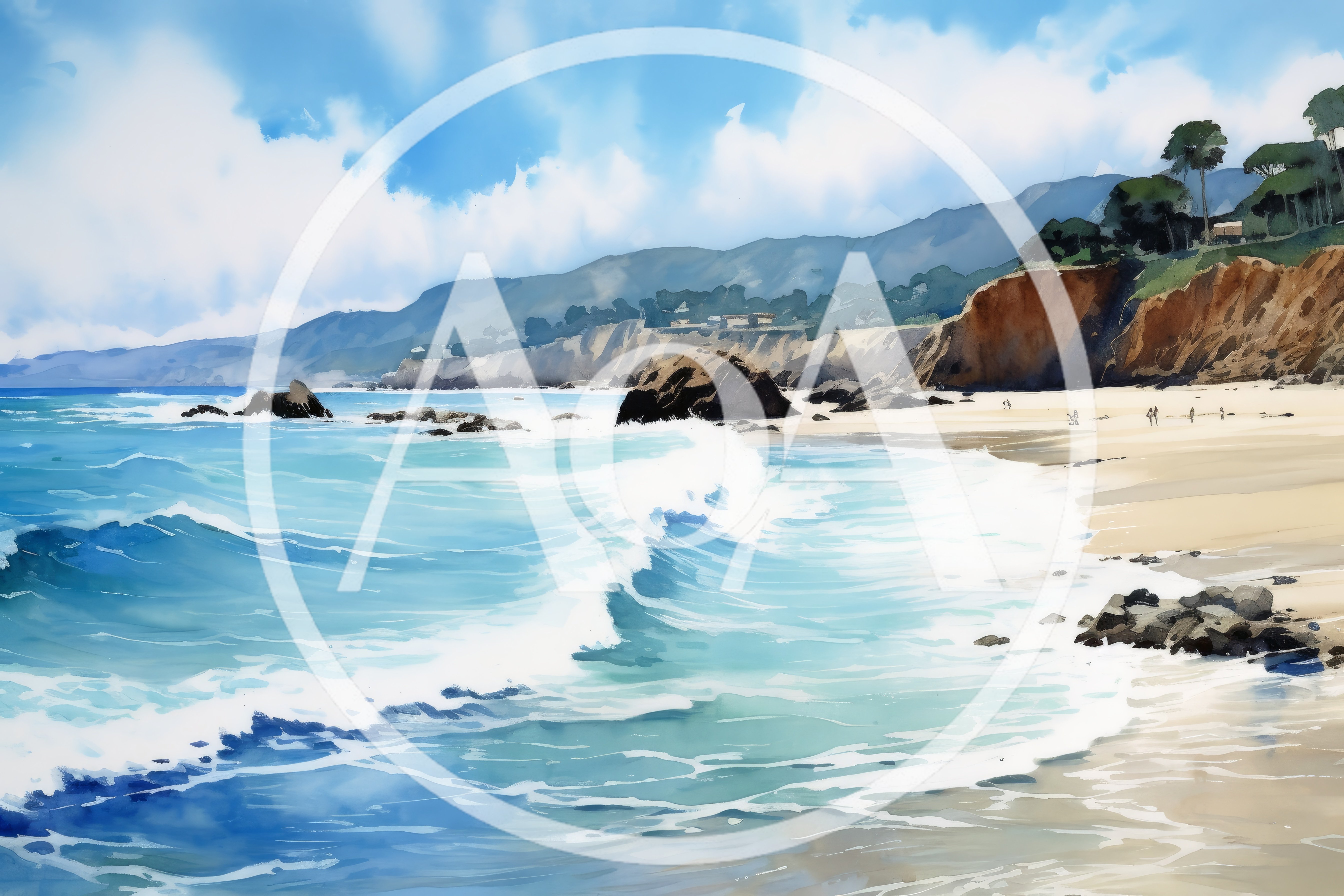 Watercolor Painting Of A Scenic Coastal Beach Landscape