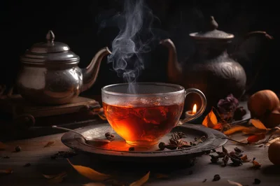Steaming Cup Of Tea With Spices On Rustic Table