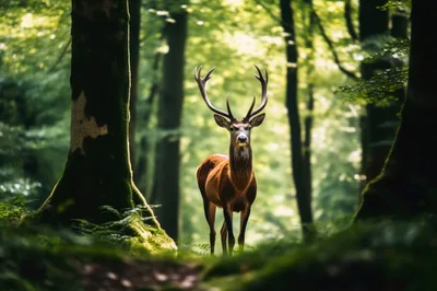 Majestic Red Deer Stag Standing In Lush Forest