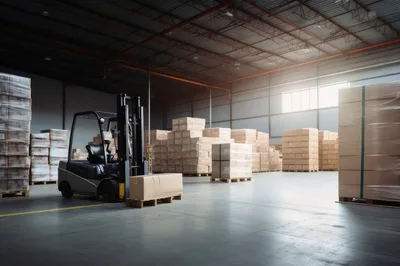 Forklift Operating In A Large Industrial Warehouse