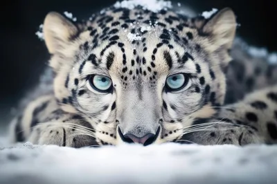 Close Up Portrait Of A Snow Leopard In Snow